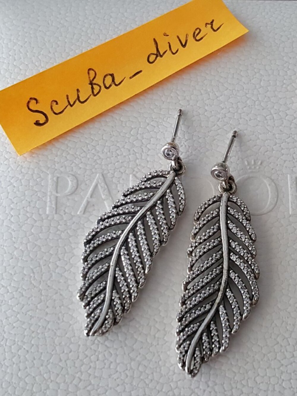 Vintage Pandora Light as a Feather Sterling Silver Stud Dangle Earrings CZ
